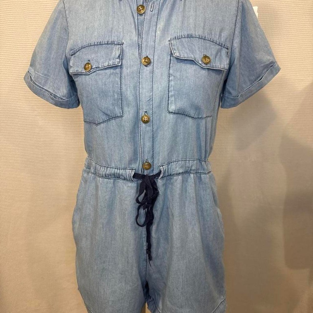 ASOS Women Light Wash Denim Chambray Button Front Drawstring Waist Romper Small